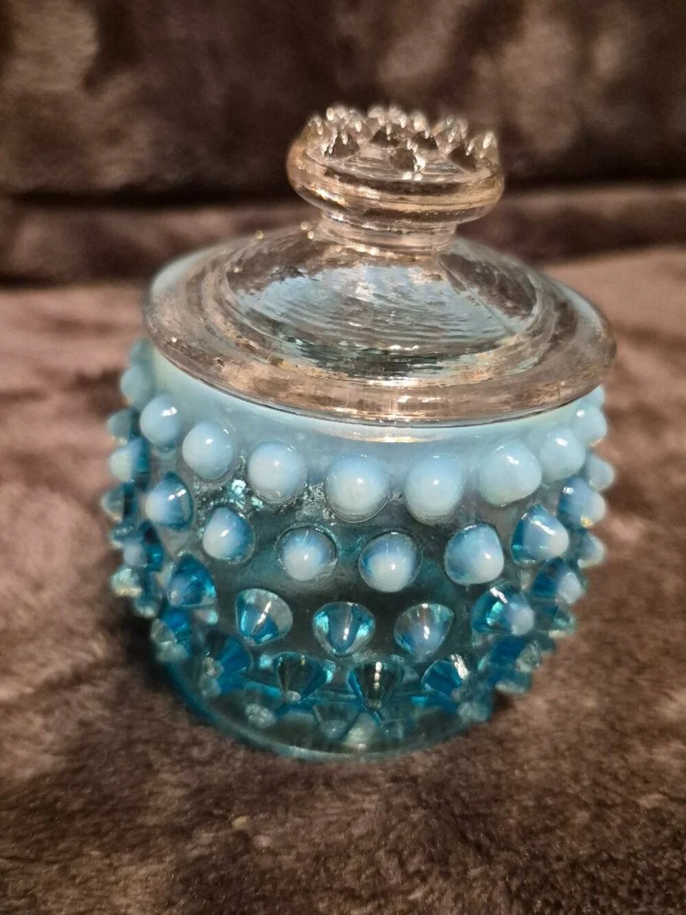 Fenton Blue Hobnail Mustard Jar with Lid (No Spoon)